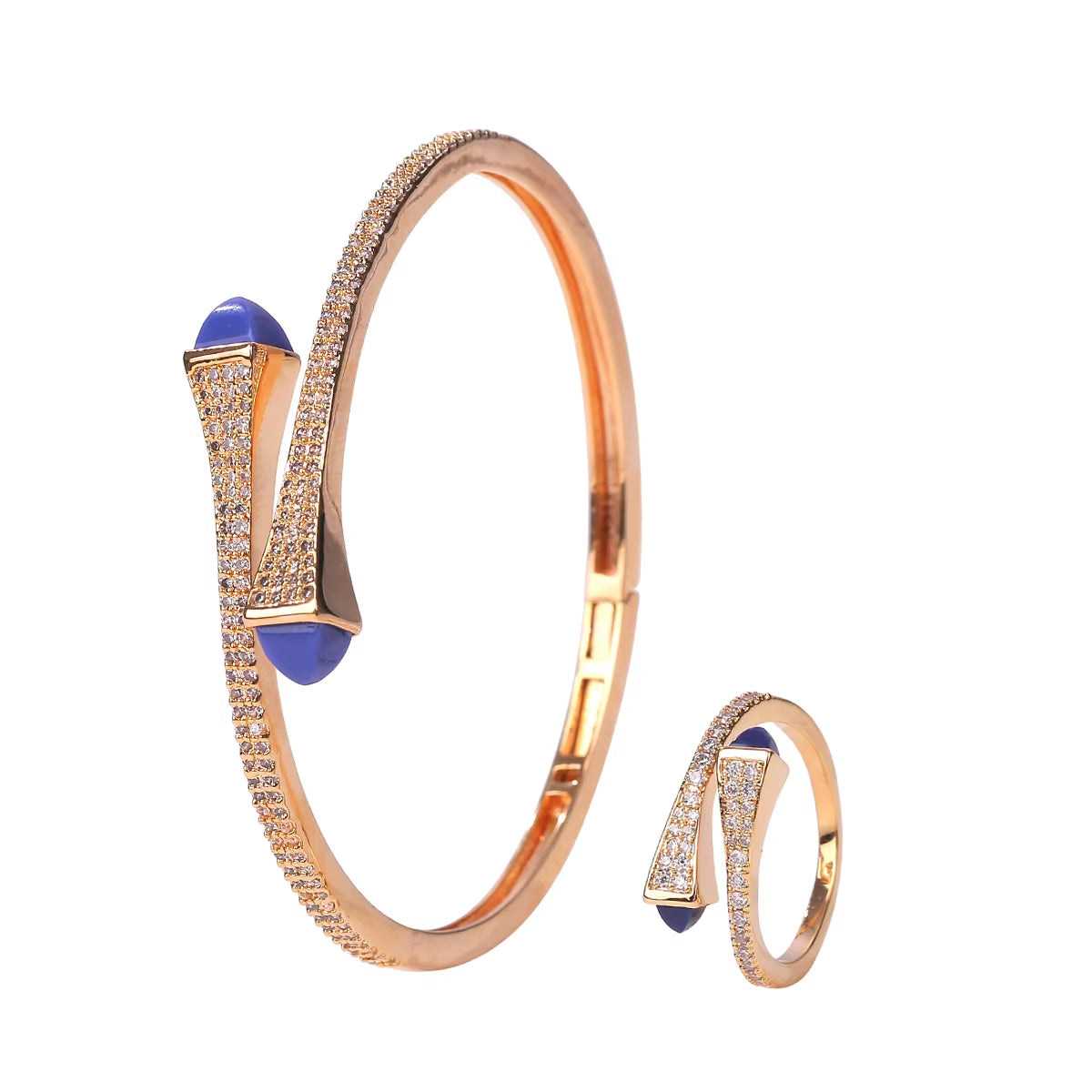 New Luxury Women 2 Pcs Bracelet Ring Set Colorful Resin Gold Cuff Bangle Ring Wedding Party Jewelry Set