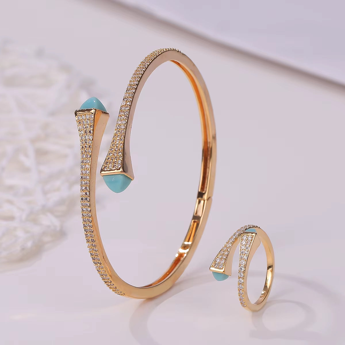 New Luxury Women 2 Pcs Bracelet Ring Set Colorful Resin Gold Cuff Bangle Ring Wedding Party Jewelry Set
