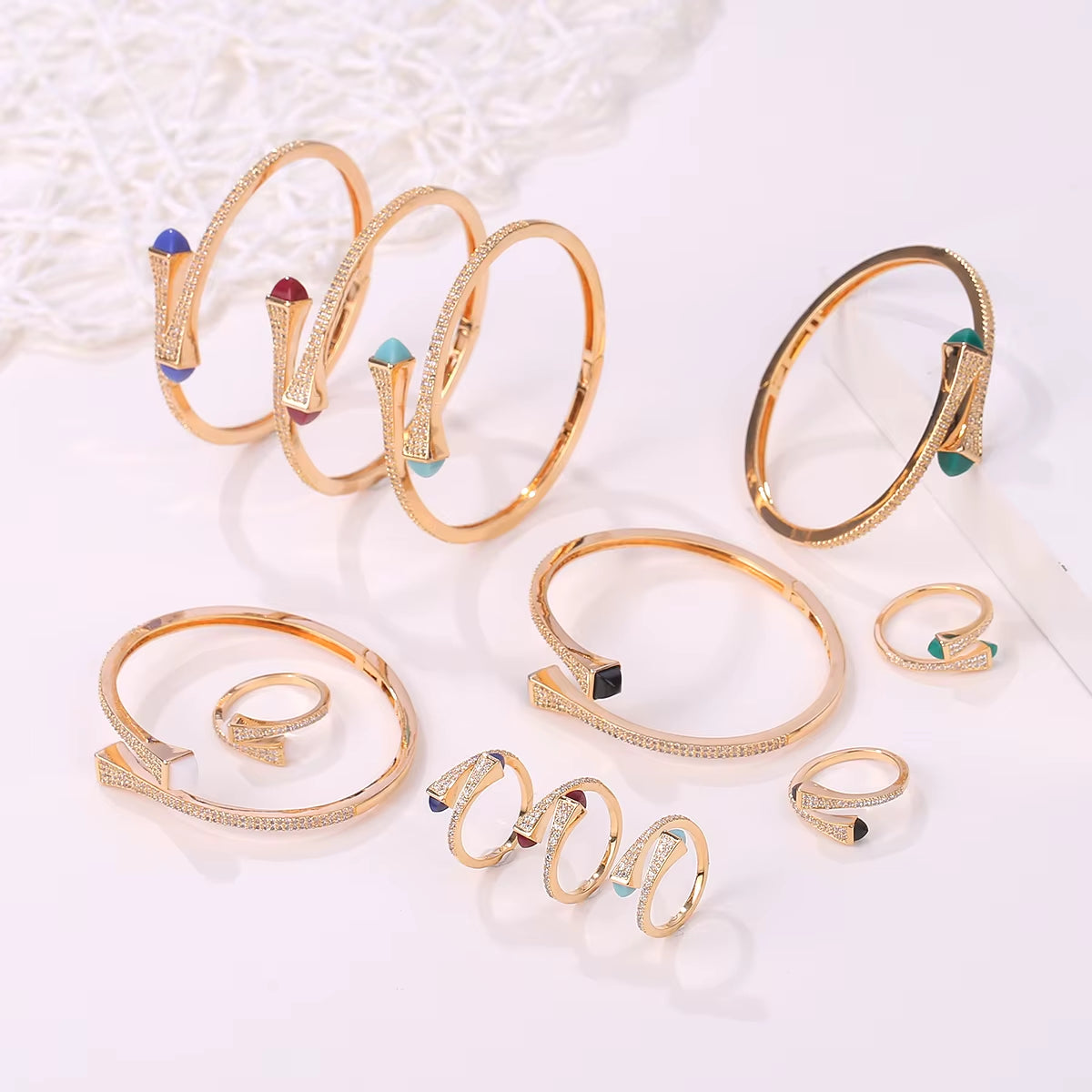 New Luxury Women 2 Pcs Bracelet Ring Set Colorful Resin Gold Cuff Bangle Ring Wedding Party Jewelry Set