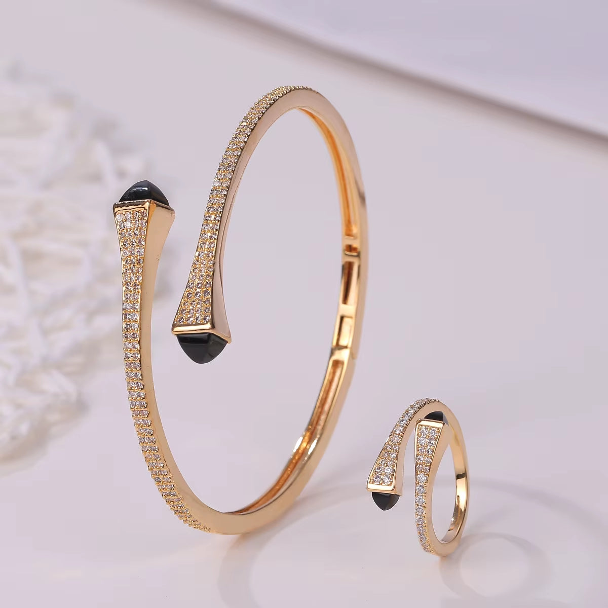 New Luxury Women 2 Pcs Bracelet Ring Set Colorful Resin Gold Cuff Bangle Ring Wedding Party Jewelry Set
