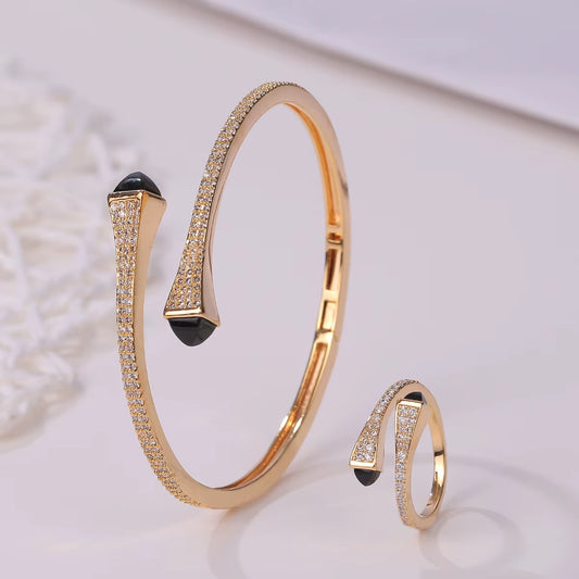 New Luxury Women 2 Pcs Bracelet Ring Set Colorful Resin Gold Cuff Bangle Ring Wedding Party Jewelry Set