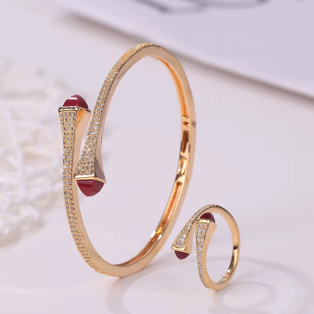 New Luxury Women 2 Pcs Bracelet Ring Set Colorful Resin Gold Cuff Bangle Ring Wedding Party Jewelry Set
